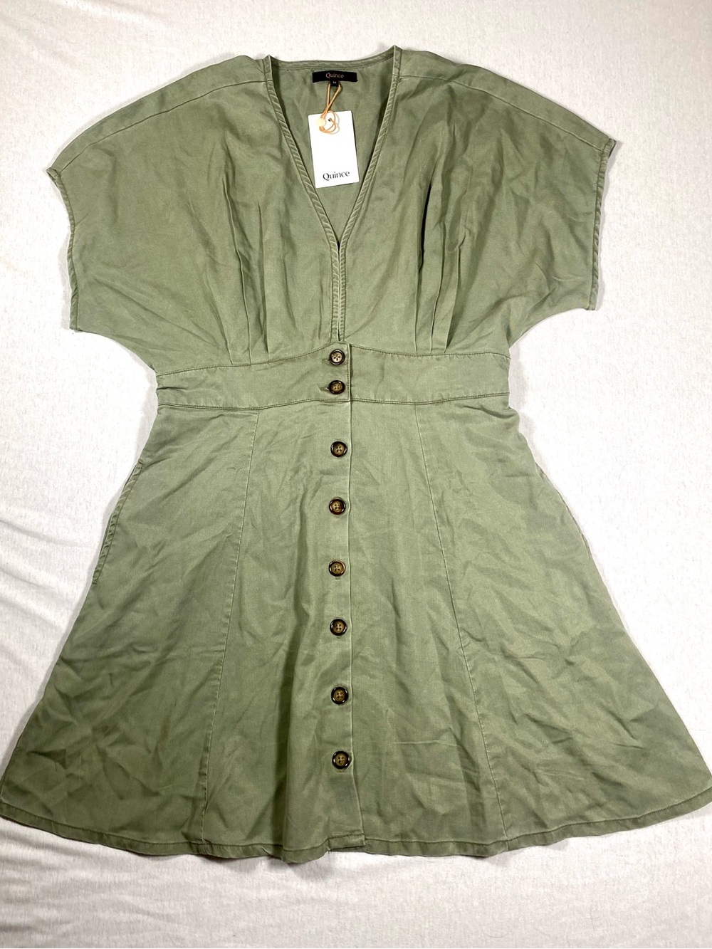 NWT Quince Vintage Wash Tencel Button Front Dress Olive Green M